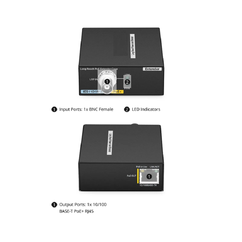 FyberOptix IES1111W-2PD, 1-Port 10/100M Fast Ethernet Long Reach PoE over UTP Extender, 1 x 10/100BASE-T RJ45 Input to 1 x PoE+ Output, -20 to 70Â°C Operating Temperature
