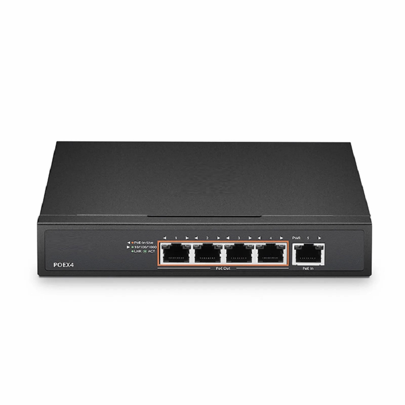 FyberOptix 5 Ports 10/100/1000M Gigabit PoE+ Extender, 1 in 4 out, Desktop/Wall mountable, IEEE 802.3at/802.3af, 0 to 50Â°C