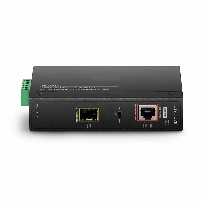 FyberOptix Industrial Unmanaged 1x 10/100/1000Base-T RJ45 to 1x 100/1000Base-X SFP Gigabit PoE+ Ethernet Media Converter