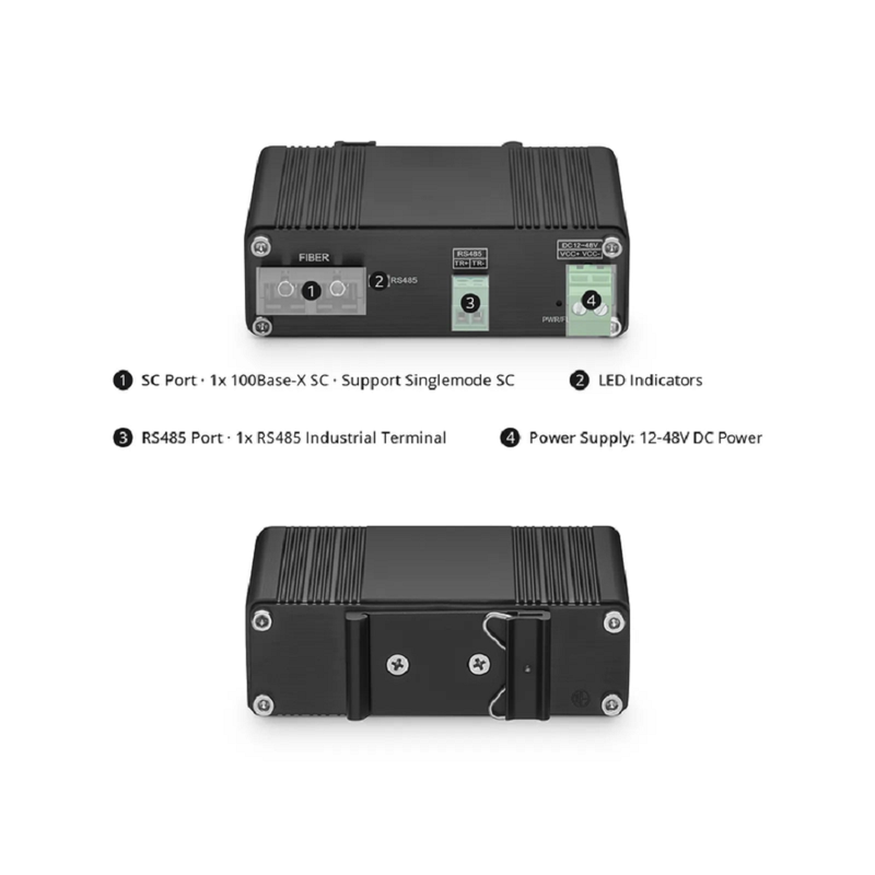 FyberOptix Industrial Unmanaged 1 x RS485 2-Wire to 1 x 100Base-X Single Mode SC 1310nm 20km Ethernet Media Converter
