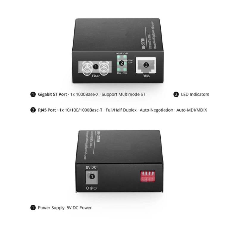FyberOptix Unmanaged 1x 10/100/1000Base-T RJ45 to 1x 1000Base-X Multimode ST 850nm 220/550m Gigabit Ethernet Media Converter, American Plug Standard