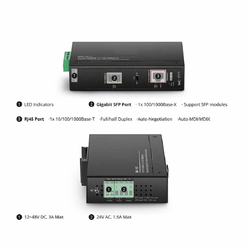 FyberOptix Industrial Unmanaged 1x 10/100/1000Base-T RJ45 to 1x 100/1000Base-X SFP Gigabit PoE+ Ethernet Media Converter