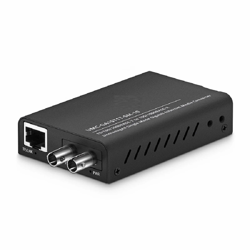 FyberOptix Mini Unmanaged 1x 10/100/1000Base-T RJ45 to 1x 100/1000Base-X Single Mode ST 1310nm 20km Gigabit Ethernet Media Converter, American Plug Standard