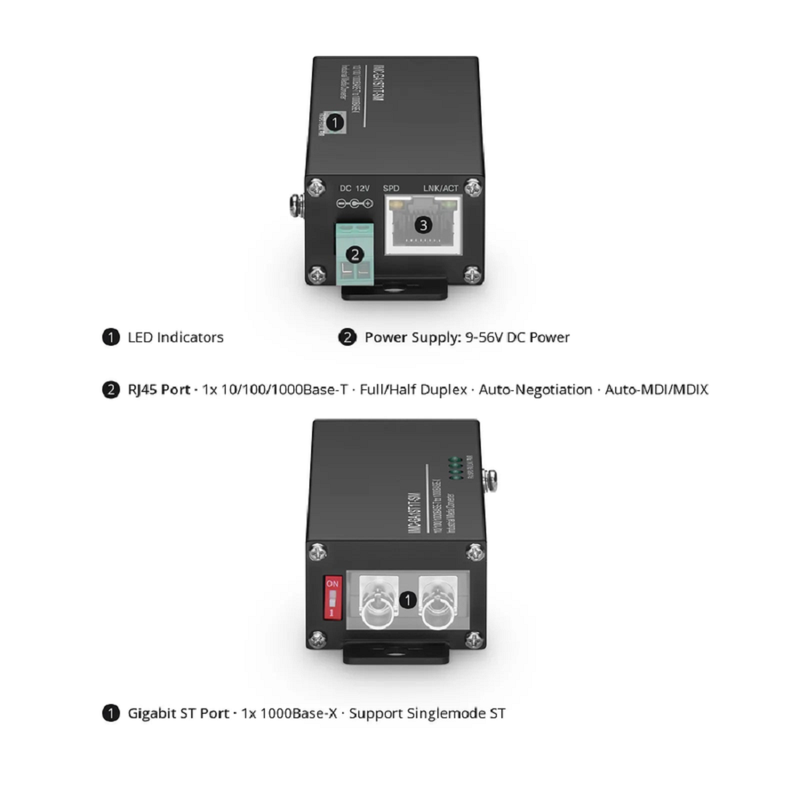 FyberOptix Mini Industrial Unmanaged 1x 10/100/1000Base-T RJ45 to 1x 1000Base-X Single Mode ST 1310nm 20km Gigabit Ethernet Media Converter, European Plug Standard