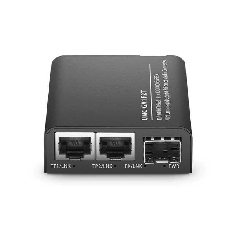 FyberOptix Mini Unmanaged 2x 10/100/1000Base-T RJ45 to 1x 1000Base-X SFP Gigabit Ethernet Media Converter, American Plug Standard