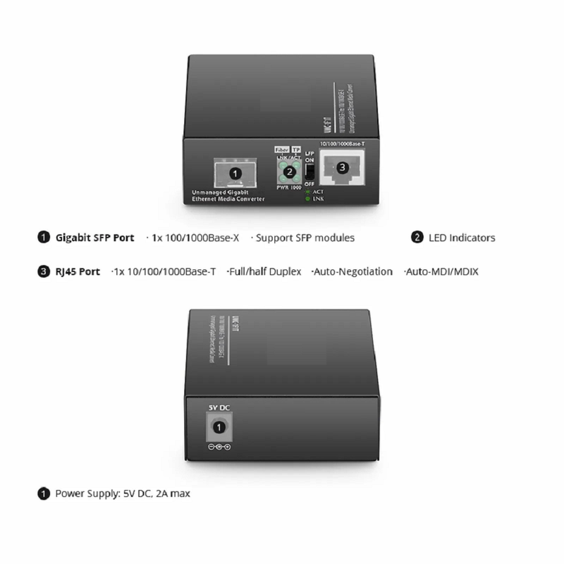 FyberOptix Mini Unmanaged 1x 10/100/1000Base-T RJ45 to 1x 100/1000Base-X Single Mode SC 1310nm 10km Gigabit Ethernet Media Converter, European Plug Standard