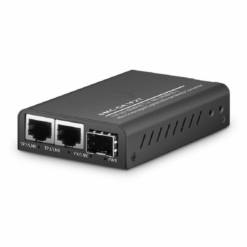 FyberOptix Mini Unmanaged 2x 10/100/1000Base-T RJ45 to 1x 1000Base-X SFP Gigabit Ethernet Media Converter, European Plug standard