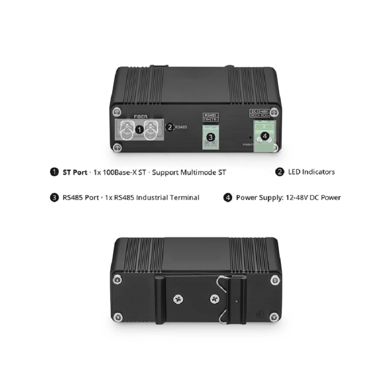 FyberOptix Industrial Unmanaged 1 x RS485 2-Wire to 1 x 100Base-X Multimode ST 850nm 550m Ethernet Media Converter