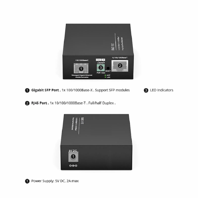 FyberOptix Managed 1x 10/100/1000Base-T RJ45 to 1x 100/1000Base-X SFP Gigabit Ethernet Media Converter, American Plug Standard