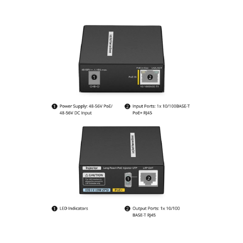 FyberOptix IES1110W-2PD, 1-Port 10/100M Fast Ethernet Long Reach PoE over UTP Injector, 1 x PoE+ Input to 1 x 10/100BASE-T RJ45 Output, -20 to 70Â°C Operating Temperature
