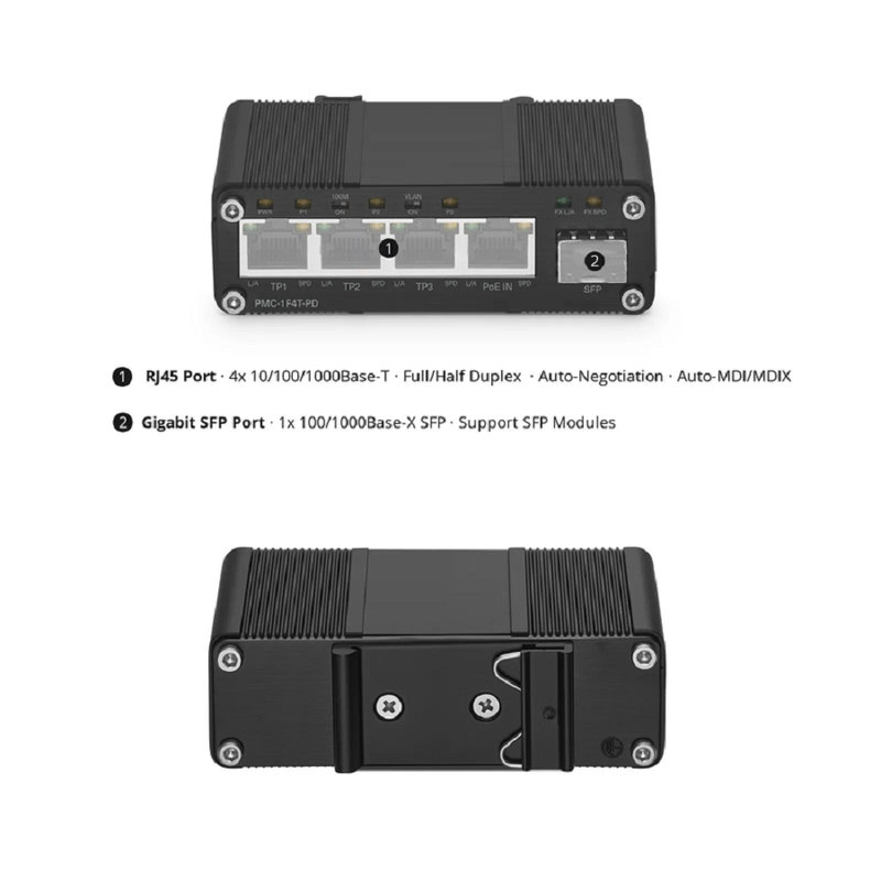 FyberOptix Unmanaged 4 x 10/100/1000Base-T RJ45 to 1 x 100/1000Base-X SFP Gigabit Ethernet PoE++ with PSE and PD Media Converter
