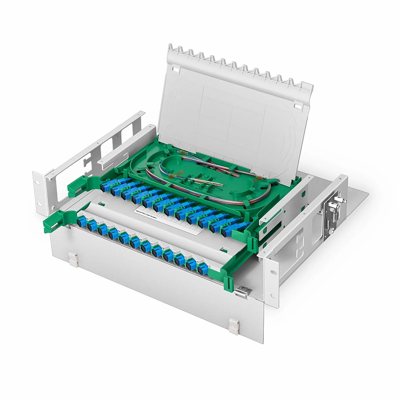 FyberOptix 2U Rack Mount Fiber Optic Distribution Panel, 24 Fibers OS2 Single Mode, 24 x SC UPC Simplex (Blue) Adapter