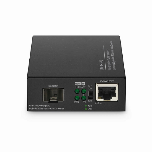 FyberOptix Unmanaged 1x 10/100/1000Base-T RJ45 to 1x 100/1000Base-X SFP Gigabit Ethernet PoE+ PD Media Converter