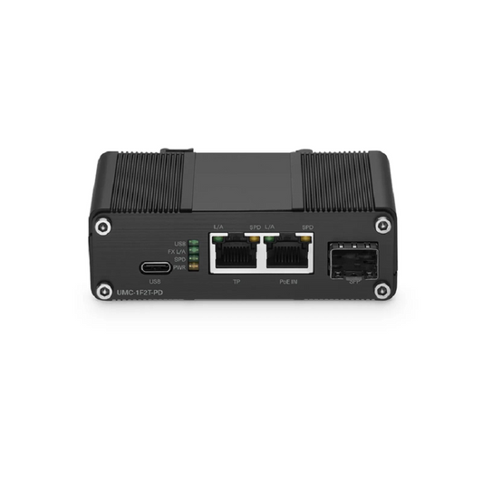 FyberOptix Unmanaged 2 x 10/100/1000Base-T RJ45 to 1 x 100/1000Base-X SFP Gigabit Ethernet PoE+ PD with USB DC Output Media Converter
