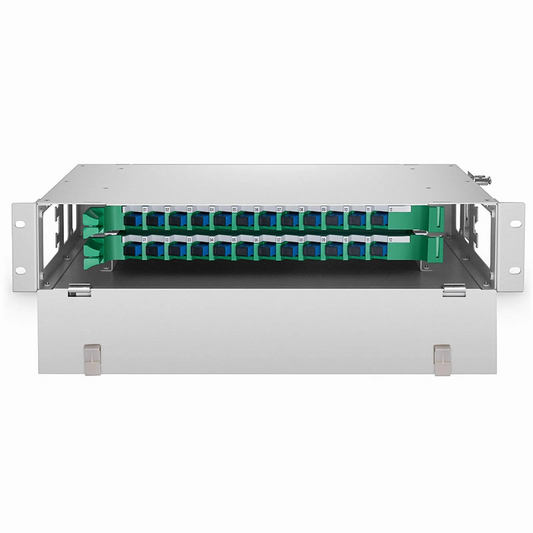 FyberOptix 2U Rack Mount Fiber Optic Distribution Panel, 24 Fibers OS2 Single Mode, 24 x SC UPC Simplex (Blue) Adapter