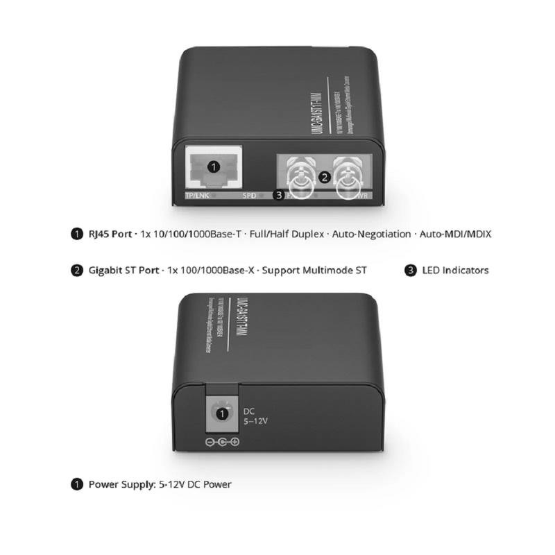 FyberOptix Mini Unmanaged 1x 10/100/1000Base-T RJ45 to 1x 100/1000Base-X Multimode ST 850nm 220/550m Gigabit Ethernet Media Converter, American Plug Standard