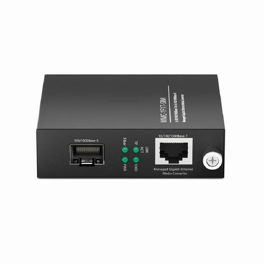 FyberOptix Managed 1x 10/100/1000Base-T RJ45 to 1x 100/1000Base-X SFP Gigabit Ethernet Media Converter, Slide-in Module, American Plug Standard