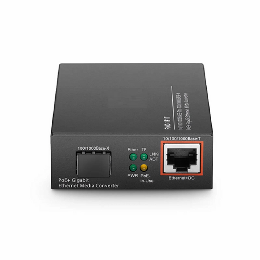 FyberOptix Unmanaged 1x 10/100/1000Base-T RJ45 to 1x 100/1000Base-X SFP Gigabit Ethernet PoE+ Media Converter, American Plug Standard