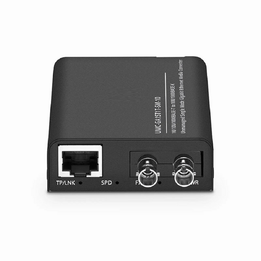FyberOptix Mini Unmanaged 1x 10/100/1000Base-T RJ45 to 1x 100/1000Base-X Single Mode ST 1310nm 10km Gigabit Ethernet Media Converter, American Plug Standard