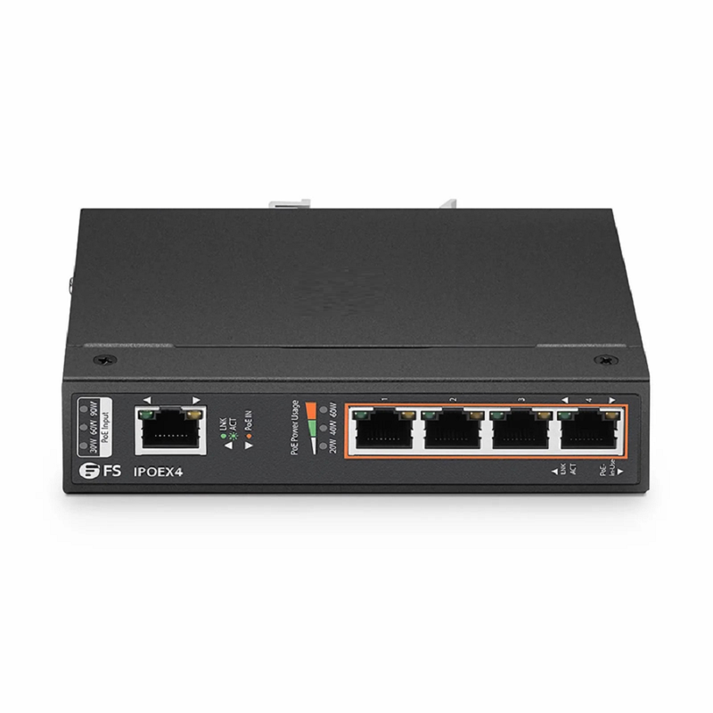 FyberOptix 5 Ports 10/100/1000M Gigabit PoE+ Extender, 1 in 4 out, Din-rail/Wall mountable, IEEE 802.3at/802.3af, -40 to 75Â°C