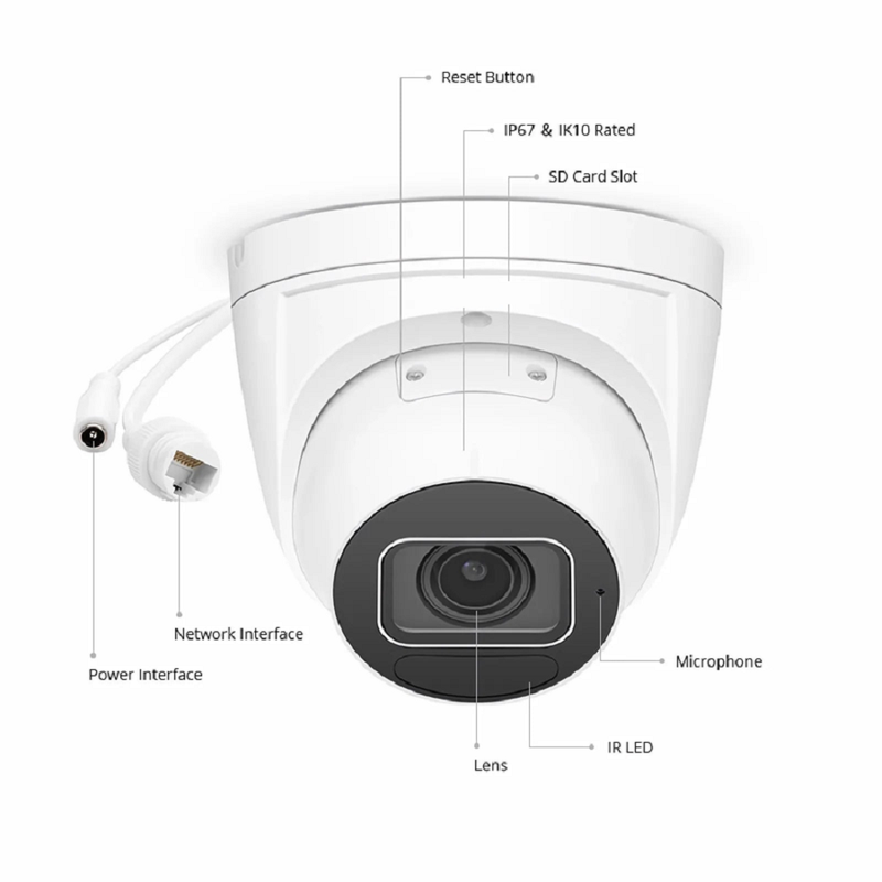 FyberOptix IPC305-2M-T Turret Camera, with 2.7 ~ 13.5mm Varifocal Lens, 2MP Resolution, Built-in Mic, 131ft Night Vision, Smart Intrusion Prevention, IP67 & IK10 PoE Network Camera