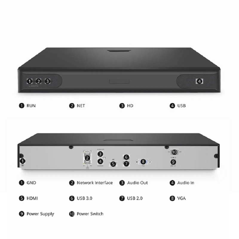 FyberOptix NVR102-9C, 9-Channel Network Video Recorder, Record 9CH 4K@30fps, Live View/Playback 2CH 4K@30fps, Supports up to 2x8TB Hard Drive (Not Included)