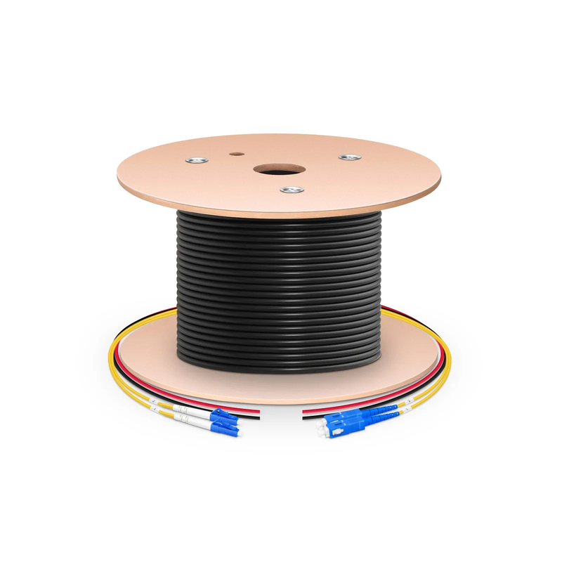 FyberOptix 300m (984ft) Hybrid Fiber and Power Cable, Indoor, Plenum (OFNP), Single Mode (OS2), 2 Fibers, Tight-Buffered, LC UPC Simplex to SC UPC Simplex, 2 Conductors 12AWG