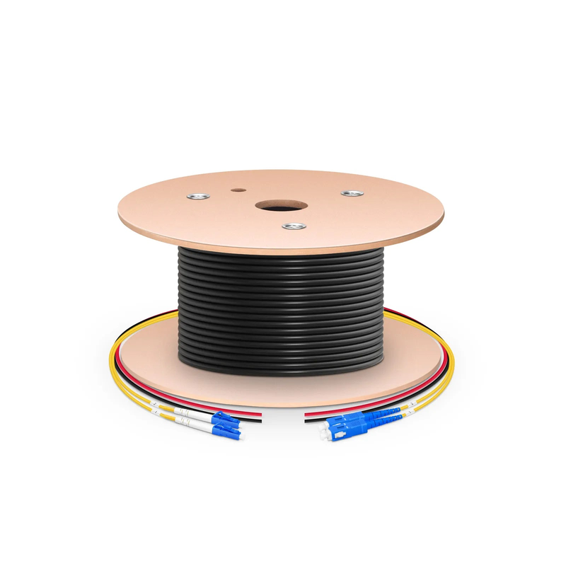 FyberOptix 200m (656ft) Hybrid Fiber and Power Cable, Indoor, Plenum (OFNP), Single Mode (OS2), 2 Fibers, Tight-Buffered, LC UPC Simplex to SC UPC Simplex, 2 Conductors 12AWG