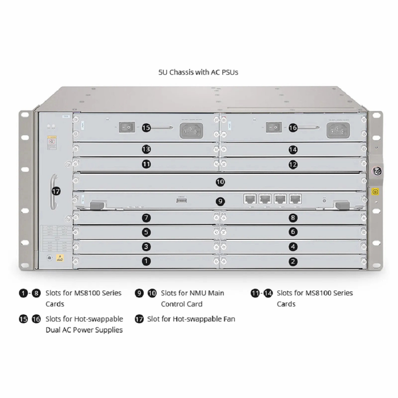 FyberOptix MS8100-CH5U, 12 Slots 5U Managed Unloaded Chassis, with MS-OTN Architecture, Support OTN/PTN/SDH, Redundant AC PSUs, Support FCP MS Management
