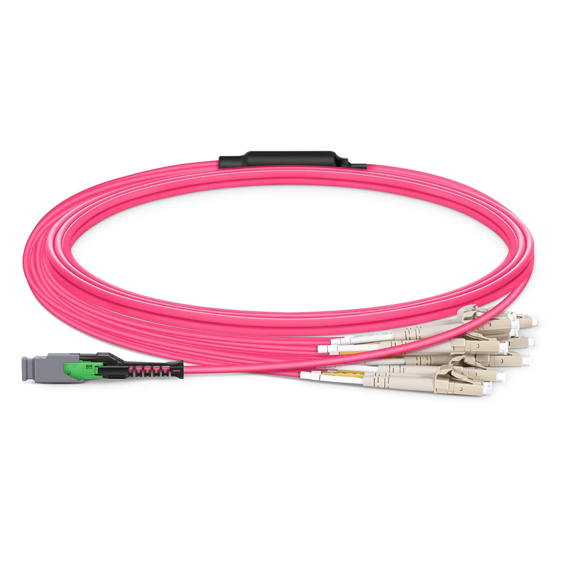 FyberOptix 3m (10ft) MMC Harness, MMC-16 APC (Female) to 8 x LC UPC Duplex, 16 Fibers, Multimode (OM4), Plenum (OFNP), 0.35dB Max, Jumper Polarity, Magenta