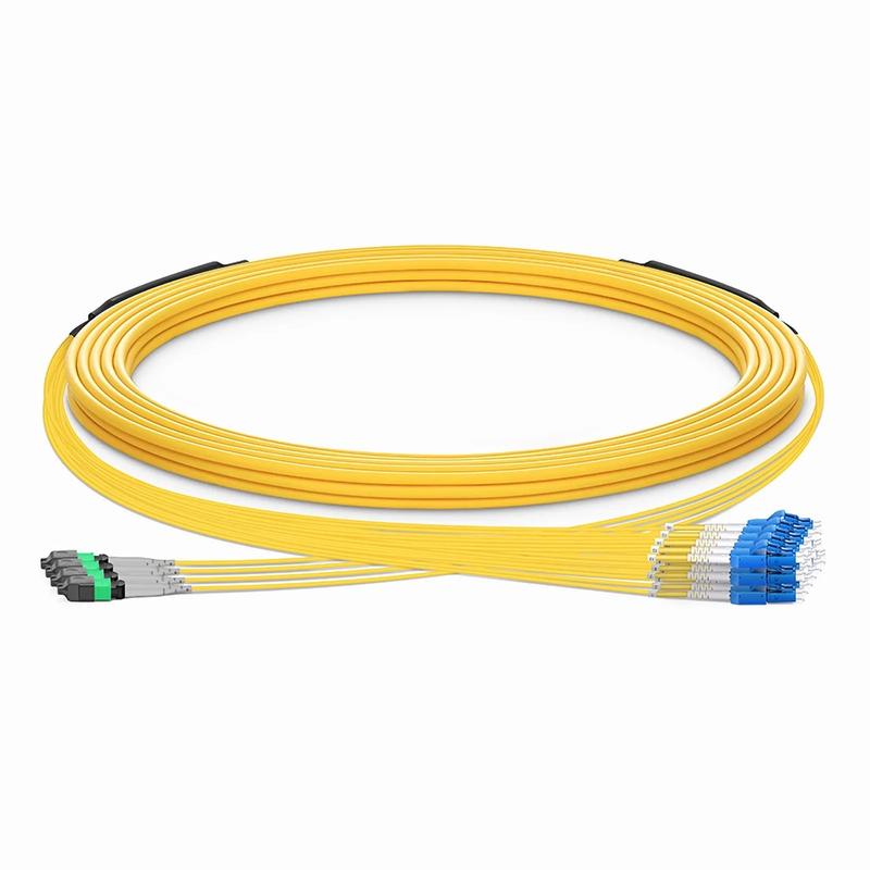FyberOptix 30m (98ft) MTPÂ® Hybrid Trunk Cable, MTPÂ®-8 APC (Female) to 4 LC UPC Duplex Uniboot, 32 Fibers, Single Mode (OS2), Plenum (OFNP), 0.35dB Max, Type B, Double Jacket, Yellow