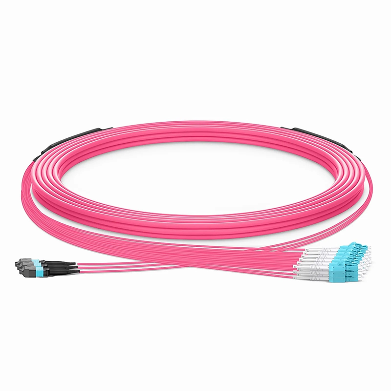 FyberOptix 30m (98ft) MTPÂ® Hybrid Trunk Cable, MTPÂ®-12 UPC (Female) to 6 LC UPC Duplex Uniboot, 36 Fibers, Multimode (OM4), Plenum (OFNP), 0.20dB Max, Type B, Double Jacket, Magenta