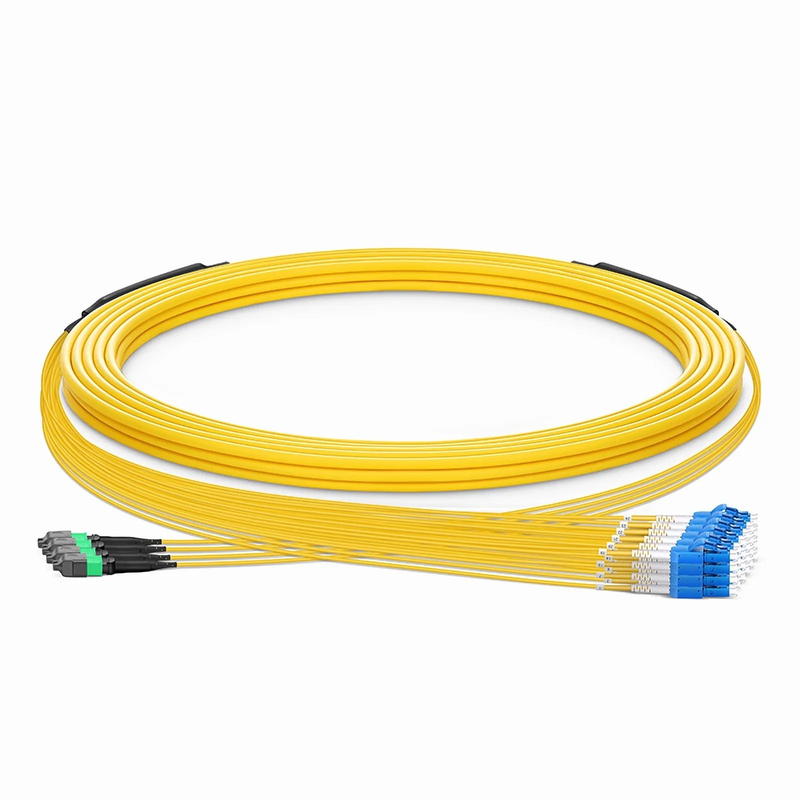 FyberOptix 30m (98ft) MTPÂ® Hybrid Trunk Cable, MTPÂ®-12 APC (Female) to 6 LC UPC Duplex Uniboot, 48 Fibers, Single Mode (OS2), Plenum (OFNP), 0.35dB Max, Type B, Double Jacket, Yellow