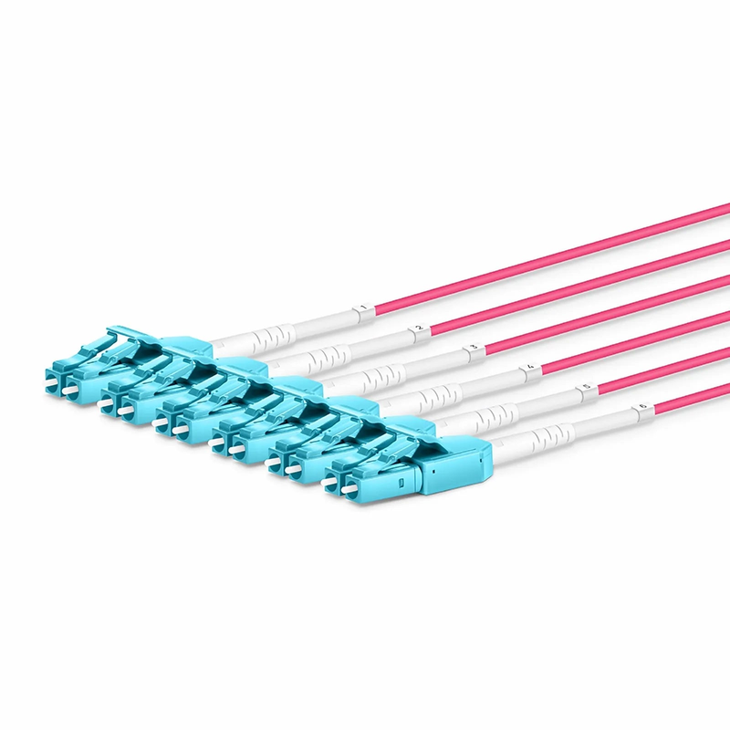 FyberOptix 30m (98ft) MTPÂ® Hybrid Trunk Cable, MTPÂ®-12 UPC (Female) to 6 LC UPC Duplex Uniboot, 24 Fibers, Multimode (OM4), Plenum (OFNP), 0.20dB Max, Type B, Double Jacket, Magenta