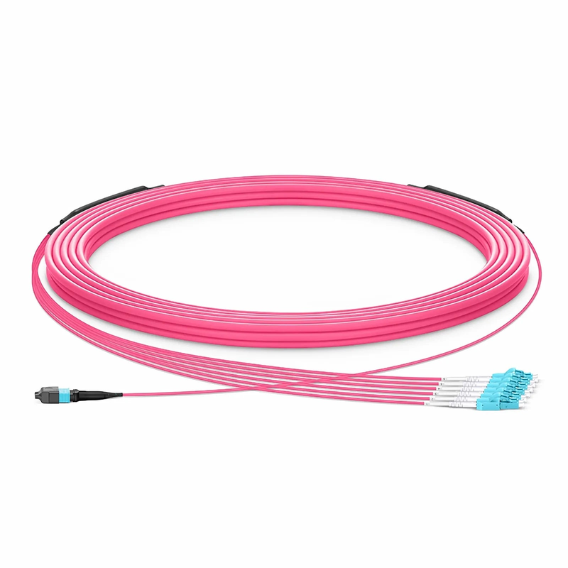 FyberOptix 30m (98ft) MTPÂ® Hybrid Trunk Cable, MTPÂ®-12 UPC (Female) to 6 LC UPC Duplex Uniboot, 12 Fibers, Multimode (OM4), Plenum (OFNP), 0.20dB Max, Type B, Double Jacket, Magenta