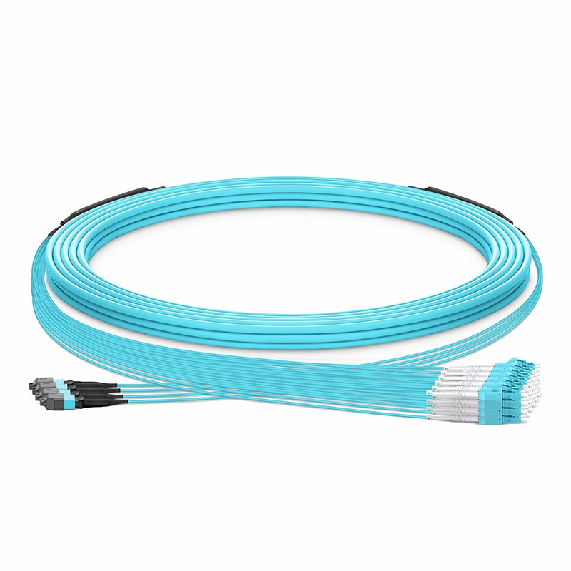 FyberOptix 30m (98ft) MTPÂ® Hybrid Trunk Cable, MTPÂ®-12 UPC (Female) to 6 LC UPC Duplex Uniboot, 48 Fibers, Multimode (OM3), Plenum (OFNP), 0.20dB Max, Type B, Double Jacket, Aqua