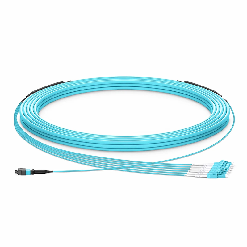 FyberOptix 30m (98ft) MTPÂ® Hybrid Trunk Cable, MTPÂ®-12 UPC (Female) to 6 LC UPC Duplex Uniboot, 12 Fibers, Multimode (OM3), Plenum (OFNP), 0.20dB Max, Type B, Double Jacket, Aqua
