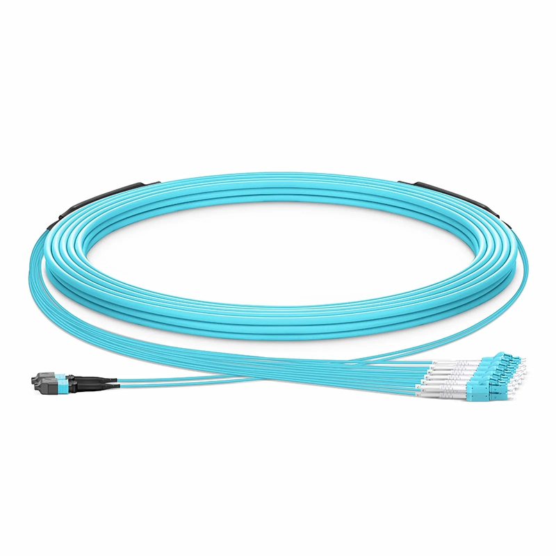 FyberOptix 30m (98ft) MTPÂ® Hybrid Trunk Cable, MTPÂ®-12 UPC (Female) to 6 LC UPC Duplex Uniboot, 24 Fibers, Multimode (OM3), Plenum (OFNP), 0.20dB Max, Type B, Double Jacket, Aqua