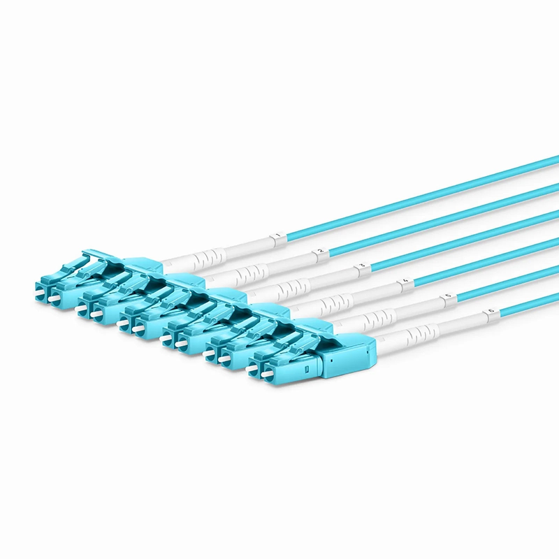 FyberOptix 30m (98ft) MTPÂ® Hybrid Trunk Cable, MTPÂ®-12 UPC (Female) to 6 LC UPC Duplex Uniboot, 24 Fibers, Multimode (OM3), Plenum (OFNP), 0.20dB Max, Type B, Double Jacket, Aqua