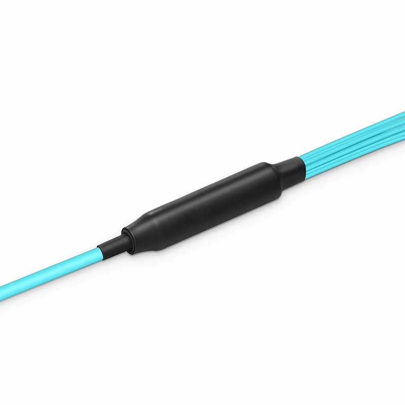 FyberOptix 30m (98ft) MTPÂ® Hybrid Trunk Cable, MTPÂ®-12 UPC (Female) to 6 LC UPC Duplex Uniboot, 24 Fibers, Multimode (OM3), Plenum (OFNP), 0.20dB Max, Type B, Double Jacket, Aqua