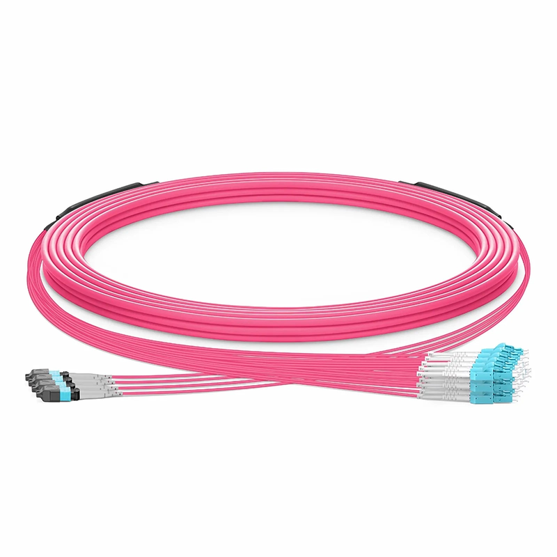 FyberOptix 30m (98ft) MTPÂ® Hybrid Trunk Cable, MTPÂ®-8 UPC (Female) to 4 LC UPC Duplex Uniboot, 32 Fibers, Multimode (OM4), Plenum (OFNP), 0.20dB Max, Type B, Double Jacket, Magenta