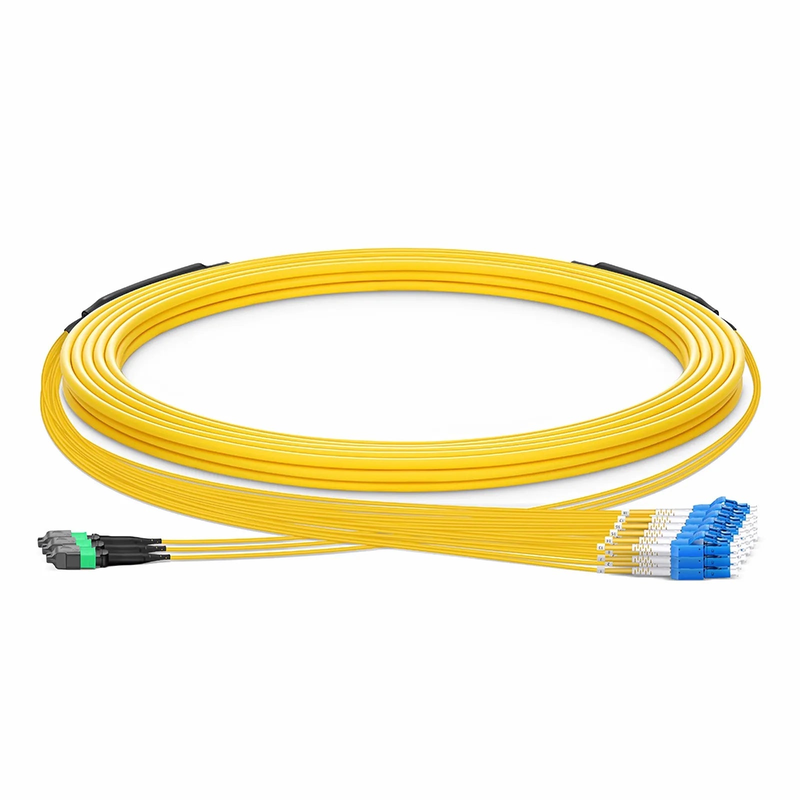 FyberOptix 30m (98ft) MTPÂ® Hybrid Trunk Cable, MTPÂ®-12 APC (Female) to 6 LC UPC Duplex Uniboot, 36 Fibers, Single Mode (OS2), Plenum (OFNP), 0.35dB Max, Type B, Double Jacket, Yellow