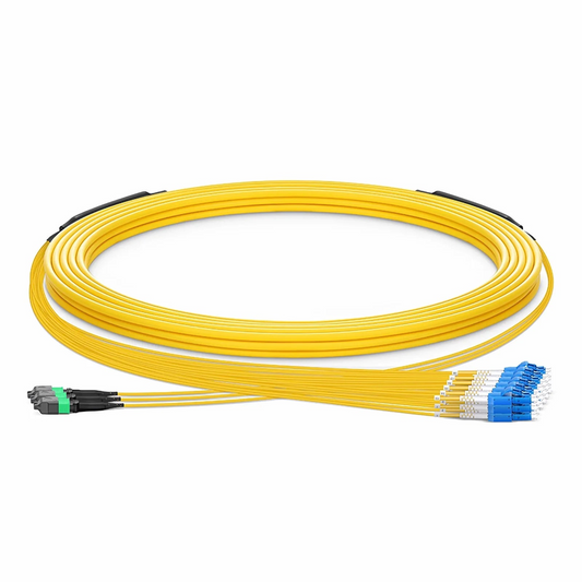 FyberOptix 30m (98ft) MTPÂ® Hybrid Trunk Cable, MTPÂ®-12 APC (Female) to 6 LC UPC Duplex Uniboot, 36 Fibers, Single Mode (OS2), Plenum (OFNP), 0.35dB Max, Type B, Double Jacket, Yellow