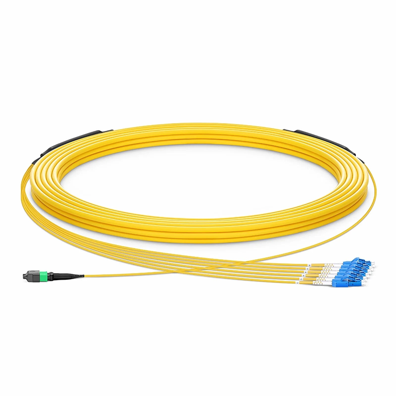 FyberOptix 30m (98ft) MTPÂ® Hybrid Trunk Cable, MTPÂ®-12 APC (Female) to 6 LC UPC Duplex Uniboot, 12 Fibers, Single Mode (OS2), Plenum (OFNP), 0.35dB Max, Type B, Double Jacket, Yellow