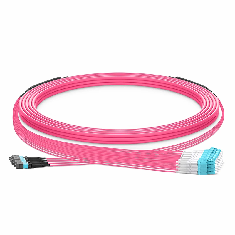 FyberOptix 30m (98ft) MTPÂ® Hybrid Trunk Cable, MTPÂ®-12 UPC (Female) to 6 LC UPC Duplex Uniboot, 48 Fibers, Multimode (OM4), Plenum (OFNP), 0.20dB Max, Type B, Double Jacket, Magenta