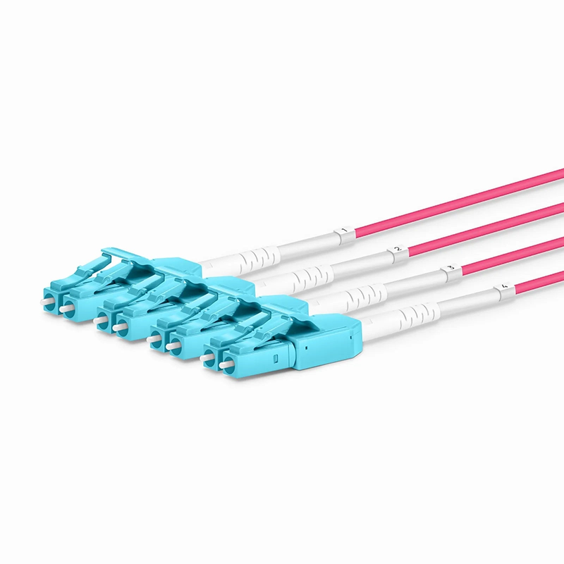 FyberOptix 30m (98ft) MTPÂ® Hybrid Trunk Cable, MTPÂ®-8 UPC (Male) to 4 LC UPC Duplex Uniboot, 8 Fibers, Multimode (OM4), Plenum (OFNP), 0.20dB Max, Type B, Double Jacket, Magenta