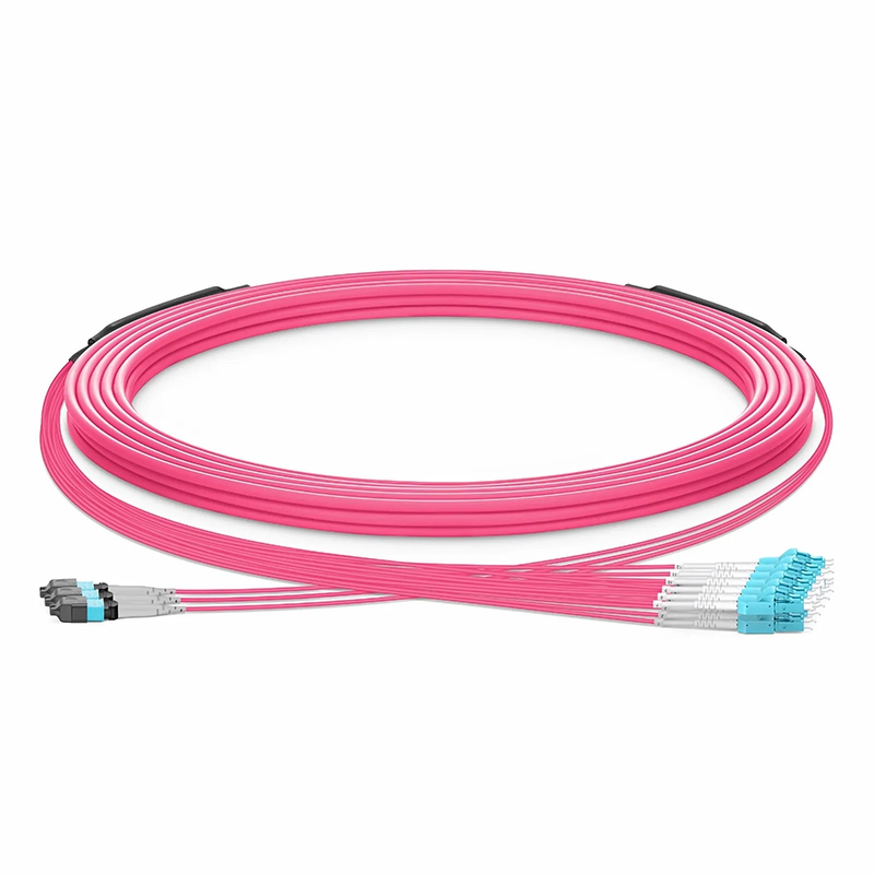 FyberOptix 30m (98ft) MTPÂ® Hybrid Trunk Cable, MTPÂ®-8 UPC (Male) to 4 LC UPC Duplex Uniboot, 24 Fibers, Multimode (OM4), Plenum (OFNP), 0.20dB Max, Type B, Double Jacket, Magenta