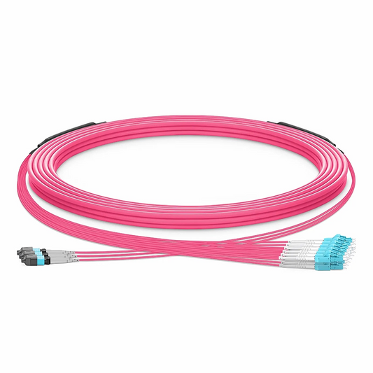 FyberOptix 30m (98ft) MTPÂ® Hybrid Trunk Cable, MTPÂ®-8 UPC (Male) to 4 LC UPC Duplex Uniboot, 24 Fibers, Multimode (OM4), Plenum (OFNP), 0.20dB Max, Type B, Double Jacket, Magenta