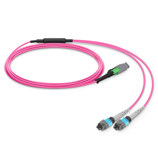 FyberOptix 3m (10ft) MMC Breakout Cable, MMC-16 APC (Female) to 2 x MTPÂ®-8 UPC (Female), 16 Fibers, Multimode (OM4), Plenum (OFNP), 0.35dB Max, Jumper Polarity, Magenta
