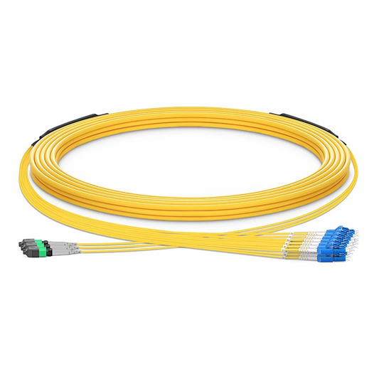 FyberOptix 30m (98ft) MTPÂ® Hybrid Trunk Cable, MTPÂ®-8 APC (Male) to 4 LC UPC Duplex Uniboot, 24 Fibers, Single Mode (OS2), Plenum (OFNP), 0.35dB Max, Type B, Double Jacket, Yellow